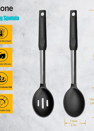 Pack of 2 Large Silicone Cooking Spoons,Non Stick Solid Basting Spoon,Heat-Resistant Kitchen Utensils for Mixing,Serving,Draining,Stirring (Black)