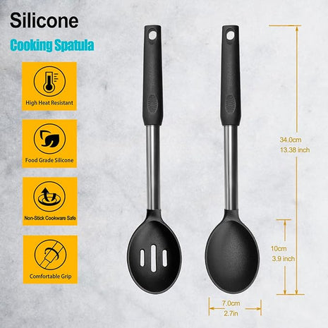 Pack of 2 Large Silicone Cooking Spoons,Non Stick Solid Basting Spoon,Heat-Resistant Kitchen Utensils for Mixing,Serving,Draining,Stirring (Black)