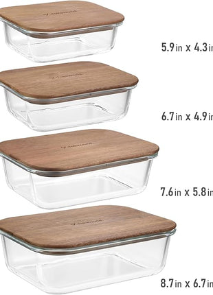 Glass Tupperware Set with Acacia Lids - 4 Stackable Meal Prep Containers. Durable heat resistant Inert Borosilicate Glass