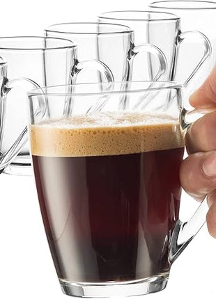 Bormioli Rocco Glass Coffee Mug Set, (6 Pack) 10¾ Ounce with Convenient Handle, Tea Glasses for Hot/Cold Beverages, Thermal Shock Resistant, Tempered Glass, for Cappuccino, Latte, Espresso, clear.