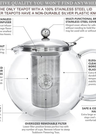 Teabloom All-in-One Glass Teapot and Tea Kettle – Heatproof Borosilicate Glass Tea Maker with Removable Stainless Steel Loose Tea Infuser – Classica Stovetop Tea Pot (40 oz / 1200 ml)