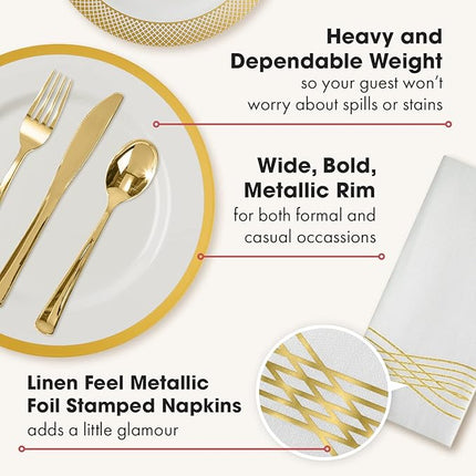 By Madee HEAVYWEIGHT Fancy Plastic Dinnerware Sets – White and Gold Disposable Plates, Premium Cutlery & Linen-Like Napkins | Elegant Disposable Dinnerware Set - 175 Pc for 25 Guests