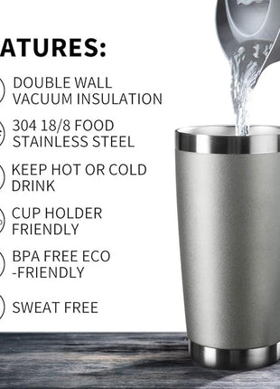 20oz Tumbler Bulk Stainless Steel Vacuum Insulated Tumblers with Lid Double Wall Travel Mug, Durable Powder Coated Coffee Cup, Suitable for Ice Drinks and Hot Beverage (Gray 6pack)