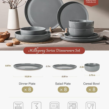 Famiware Milkyway Dinnerware Sets, 24 Piece Dish Set, Plates and Bowls Sets for 8, Dark Gray