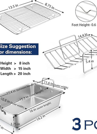 P&P CHEF 16" Roaster Roasting Pan with Baking Rack and V-shaped Rack, Stainless Steel Rectangular Lasagna Pan with Handles for Turkey Chicken, Healthy & Dishwasher Safe, 3 Pieces, Silver
