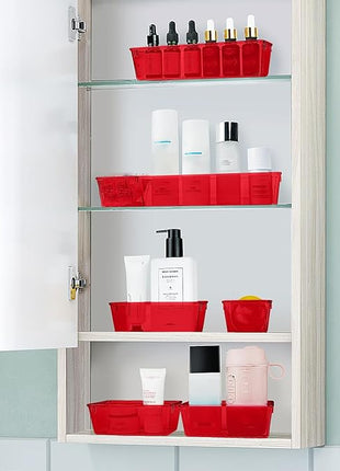 WOWBOX 25 PCS Plastic Drawer Organizer Set, 4 Sizes Desk Drawer Divider Organizers and Storage Bins for Makeup, Jewelry, Gadgets for Kitchen, Bedroom, Bathroom, Office, Clear Red