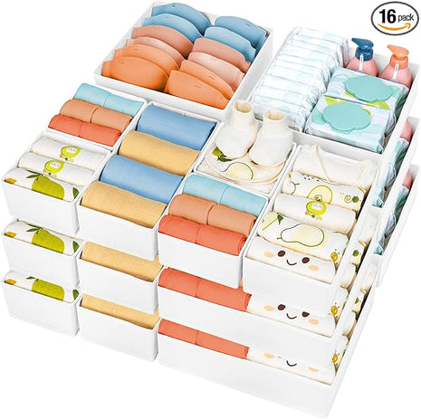 DIMJ Drawer Organizer Clothes, 18 Pack Dresser Organizer, Foldable Closet Organizers and Storage, Fabric Bins, Drawer Dividers for Nursery, Baby Clothes, Underwears, Sock (White)