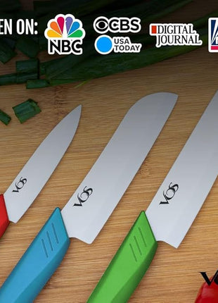 Vos Ceramic Knife Set in Elegant Gift Box, Ceramic Knives Set For Kitchen, Ultra Sharp Kitchen Knife Set with Covers, 4" 5" 6" Paring, Santoku & Chef Knife, Lightweight, Dishwasher safe (Multi-Color)