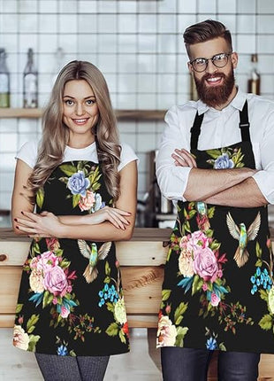 EKOBLA Flower Aprons Wild Flowers Peony Roses Lily Nightingale Cornflower Black Background Waterproof Resistant Chef Cooking Kitchen BBQ Adjustable Aprons for Women Men 27x31 Inch