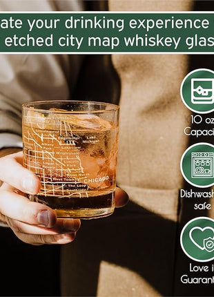 Greenline Goods - Chicago Map Etched Whiskey Glass Perfect for Bourbon, Scotch, Liquor, Cocktail - Crystal Whiskey Glasses Set of 2 - Best Tasting Experience with Vintage Rocks Glasses