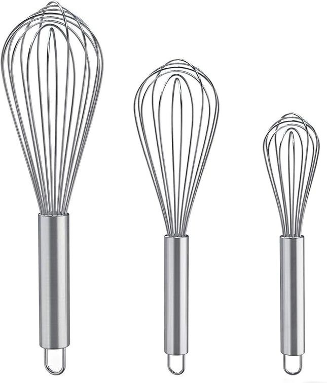 Whisks for Cooking, 3 Pack Stainless Steel Whisk for Blending, Whisking, Beating and Stirring, Enhanced Version Balloon Wire Whisk Set, 8"+10"+12"