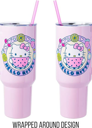 Silver Buffalo Sanrio Hello Kitty Summer Kawaii Fruits Stainless Steel Tumbler with Handle, Fits in Standard Cup Holder, 40 Ounces