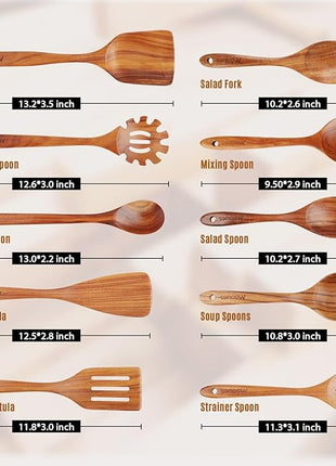 Wooden Spoons for Cooking, Wooden Utensils for Cooking Natural Teak Wooden Kitchen Utensils Set Comfort Grip (10 PCS SET)