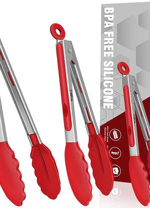 Walfos Kitchen Tongs - 7" 9" and 12" Heat Resistant Cooking Tongs, Stainless Steel and BPA Free Silicone Tips, Great for Cooking, Salad, Grilling, Turning, Dishwasher safe,set of 3