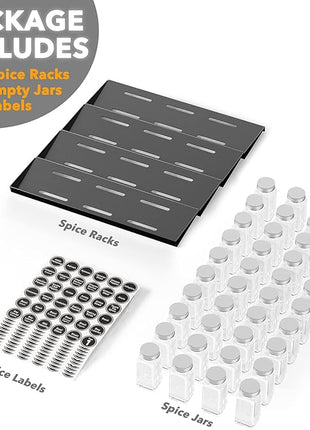 SpaceAid Spice Drawer Organizer with 40 Spice Jars, 386 Spice Labels, 4 Tier Seasoning Rack Tray Insert for Kitchen Drawers, 18.5" Wide x 17.5" Deep