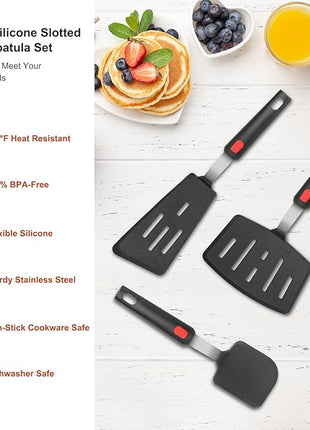 Hotec Silicone Spatula Turner for Nonstick Cookware, Cooking Spatulas 600°F Heat Resistant Large Flexible Rubber Spatula Set of 3, Kitchen Utensils for Flipping Eggs, Burgers, Pancakes, Crepes