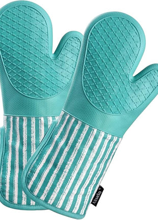 Silicone Oven Mitts Heat Resistant 932℉ with Waterproof & Non-Slip Kitchen Mittens, Set of 2 Extra Long Oven Gloves with Soft Cotton Terry Lining for Baking Cooking Barbecue