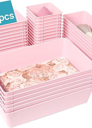 Vtopmart 44 PCS Plastic Drawer Organizers Set, 4-Size Versatile Bathroom and Vanity Organizer Trays, Non-Slip Storage Containers for Makeup, Jewelries, Bedroom，Kitchen Utensils and Office, Pink