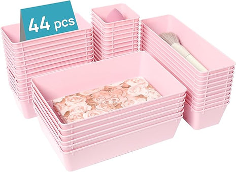 Vtopmart 44 PCS Plastic Drawer Organizers Set, 4-Size Versatile Bathroom and Vanity Organizer Trays, Non-Slip Storage Containers for Makeup, Jewelries, Bedroom，Kitchen Utensils and Office, Pink