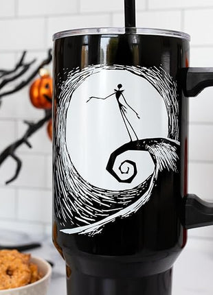 Silver Buffalo Disney Nightmare Before Christmas by Tim Burton Jack Skellington Hill and Moon Drawing Stainless Steel Tumbler with Handle and Straw, Fits in Standard Cup Holder, 40 Ounces