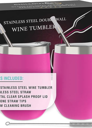 CHILLOUT LIFE 12 oz Stainless Steel Wine Tumblers 2 Pack - Double Wall Vacuum Insulated Wine Cups with Lids and Straws Set for Coffee, Wine, Cocktails - Hot Pink