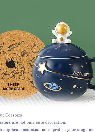 Kawaii Astronaut Cup Space Embossed Planet Mug, Cute Ceramic Coffee Mug, Novelty Mug with Lid and Spoon for Coffee, Tea, Milk, Aesthetic Room Decor Funny Gift for Girl Boy Women (Dark blue)