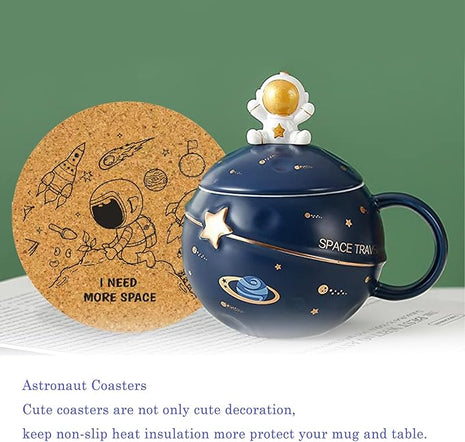 Kawaii Astronaut Cup Space Embossed Planet Mug, Cute Ceramic Coffee Mug, Novelty Mug with Lid and Spoon for Coffee, Tea, Milk, Aesthetic Room Decor Funny Gift for Girl Boy Women (Dark blue)