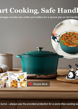 Overmont Enameled Cast Iron Dutch Oven - 4.5QT Pot with Lid Cookbook & Cotton Potholders - Heavy-Duty Cookware for Braising, Stews, Roasting, Bread Baking bottle green