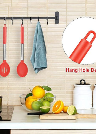 Pack of 2 Large Silicone Cooking Spoons, Non-Stick Stainless Steel Slotted and Solid Spoon Set for Serving, Mixing, Draining, Heat Resistant, Scratch Resistant and BPA Free Kitchen Scoops (Red)