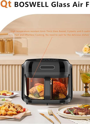 Glass Air Fryer, 7.5QT with Transparent Fry Bowl, Circulating Heating, Temperature Control, Air Fryer Roast, Dishwasher Safe (Black)
