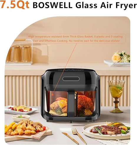 Glass Air Fryer, 7.5QT with Transparent Fry Bowl, Circulating Heating, Temperature Control, Air Fryer Roast, Dishwasher Safe (Black)