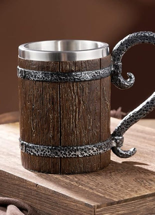 Arola Handmade Wooden Barrel Beer Mug, Stainless Steel Vintage Beer Cup, Medieval Drinkware Mug for Coffee/Beverage/Juice17oz Gift for Men.