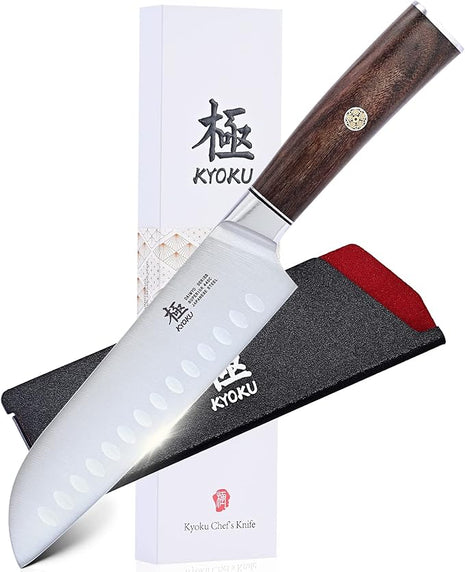 KYOKU 7 Inch Santoku Knife - Daimyo Series - Asian Knife Japanese Chef Knife with Ergonomic Rosewood Handle, & Mosaic Pin - Japanese 440C Stainless Steel Kitchen Knife with Sheath & Case