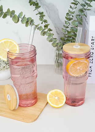 ANOTION Glass Cups with Lids and Straws, 24oz Pink Glass Tumbler Travel Coffee Mug Bamboo Mason Jar Iced Cup Smoothie Tea Clear Cute Water Drinking Jars Glasses