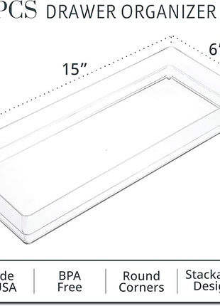 STORi SimpleSort 2-Piece Stackable Clear Drawer Organizer Set | 15" x 6" x 2" Rectangle Trays | Wide Makeup Vanity Storage Bins and Office Desk Drawer Dividers | Made in USA
