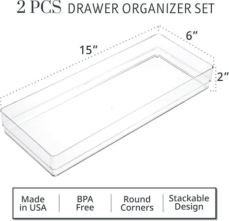 STORi SimpleSort 2-Piece Stackable Clear Drawer Organizer Set | 15" x 6" x 2" Rectangle Trays | Wide Makeup Vanity Storage Bins and Office Desk Drawer Dividers | Made in USA