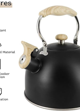 Lily's Home Whistling Tea Kettle, Teapot for Stovetop, Pleasant Whistle Sound, Heat Resistant Plastic Handle – Faux Wood Finish, Non Toxic Stove Kettle for Boiling Water - 2.5 Quarts (Black)