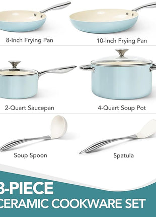 MICHELANGELO Pots and Pans Set Non Stick Ceramic Cookware Set, 8-Piece Nonstick Pots and Pans, Non-Toxic, Oven Safe & Compatible with All Stovetops - Blue