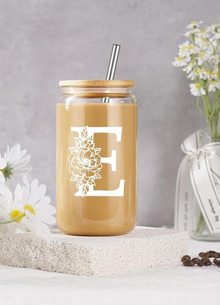 Coolife Initial Glass Cup, Monogrammed Gifts for Women, 16 oz Glass Cups w/Lids Straws, Iced Coffee Smoothie Beer Tumbler w/Straw Lid - Personalized Christmas, Birthday Gifts for Her Mom Friend Woman