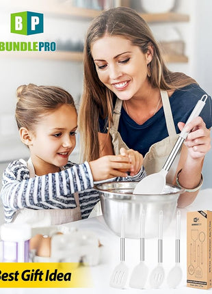 Pack of 4 Silicone Cooking Utensils Set, Non Stick Large Solid Spatulas, Heat Resistant Slotted Spoons, Ideal BPA Free Kitchen Turners for Frying, Mixing,Serving,Draining,Turning,Stirring (WHITE)