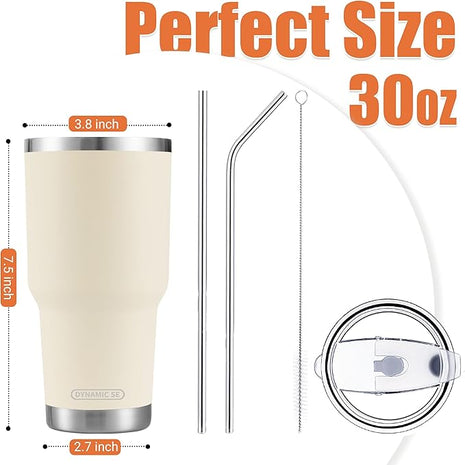 D·S 30oz Cream Tumbler Stainless Steel Insulated Travel Mug with Straw Lid Cleaning Brush (30oz Cream)