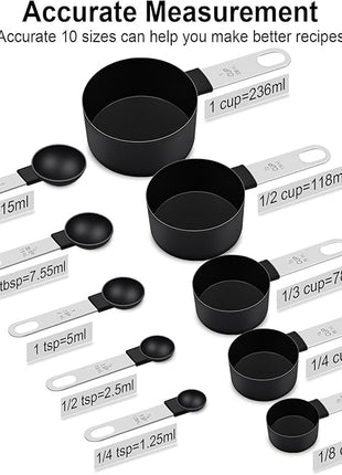 Measuring Cups and Spoons Set, 10 Pieces Nesting Measure Tools, Kitchen Essentials Gadgets with Stainless Steel Handle for Dry & Liquid Ingredient, Black