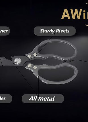 AWinjoy Heavy Duty Sharp Kitchen Scissors - Dishwasher Safe Black Cooking Shears for Meat, Chicken, Fish, Poultry, Herb, Bread (All Black)