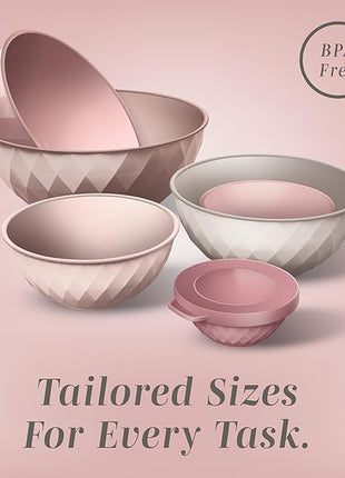 COOK WITH COLOR Mixing Bowls with Lids - 12 Piece Plastic Nesting Bowls Set includes 6 Prep Bowls and 6 Lids, Diamond Design - Microwave Safe, Pink