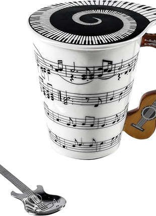 Guitar Novelty Mug Unique Musical Gift Coffee Cup with Cool Music Themed Lid & Guitar Handle Design & Guitar Spoon, Great Gifts for Music Teachers,&guitarLoversfor Holidays,Fathers Day,Men,Woman