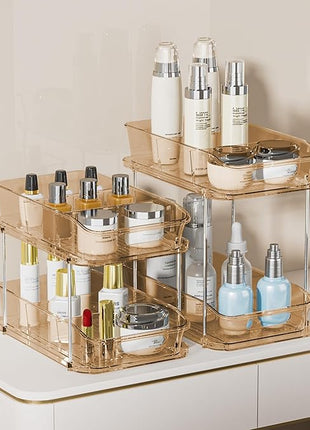 Delamu 2-Tier Under Sink Organizers and Storage, Multi-Purpose Stackable Bathroom Cabinet Organizers, Pull Out Kitchen Pantry Organization and Storage with Dividers(2 Pack, Amber)