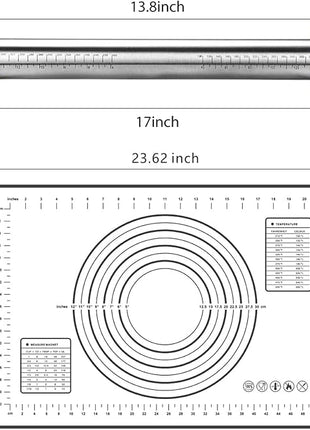 Rolling Pins, Stainless Steel Dough Roller, Rolling Pin and Silicone Baking Pastry Mat Set, Adjustable Rolling Pin with Thickness Rings for Baking Dough, Pizza, Pie, Pastries, Pasta, Cookies(Black)