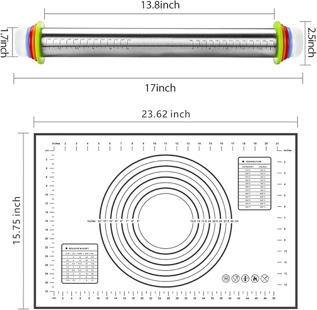 Rolling Pins, Stainless Steel Dough Roller, Rolling Pin and Silicone Baking Pastry Mat Set, Adjustable Rolling Pin with Thickness Rings for Baking Dough, Pizza, Pie, Pastries, Pasta, Cookies(Black)