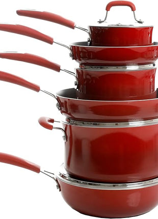 Kenmore Elite Andover Nonstick Platinum Forged Aluminum Cookware Set, 10-Piece, Red Gradient