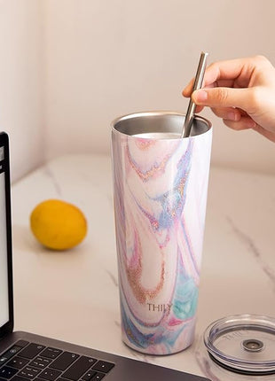 THILY Stainless Steel Vacuum Insulated Tumbler 26 oz Triple-Insulated Travel Mug with Splash-Proof Lid, for Iced Coffee and Hot Beverage, Pink Ripple + Lotus Flower